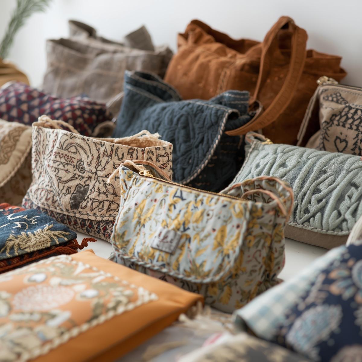Custom fabric bags and pouches arranged on a surface